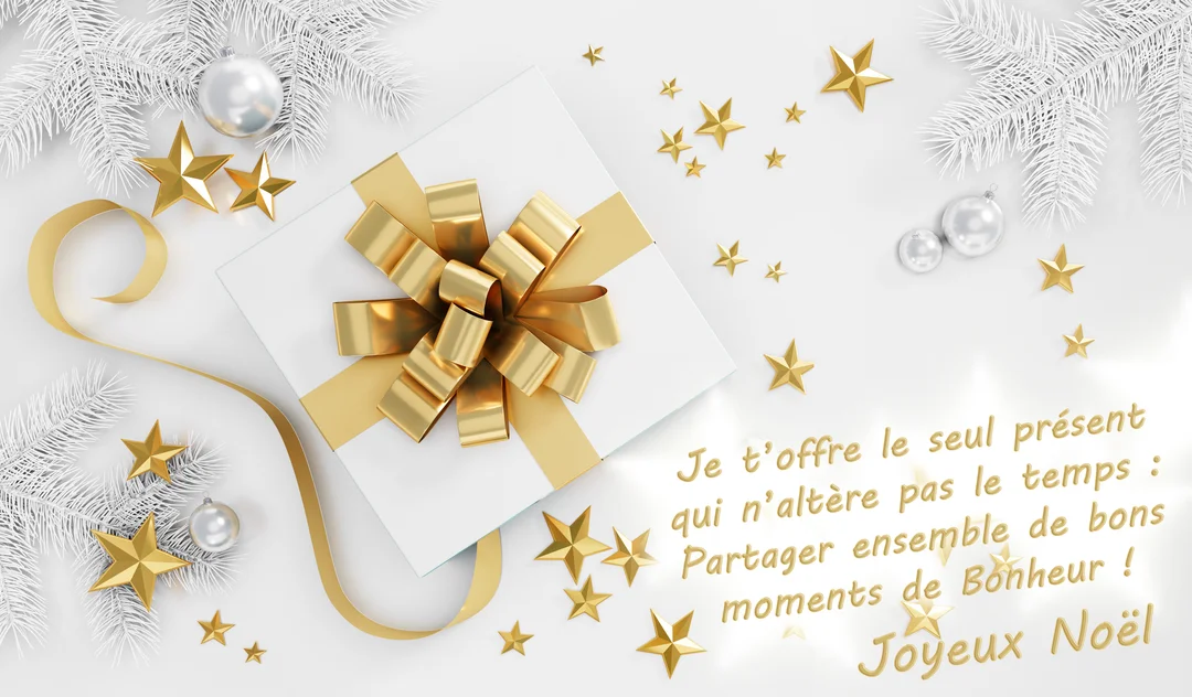 Vue de dessus d'un coffret cadeau blanc à ruban doré, entouré d'étoiles, de branches de sapin blanches et de boules de Noël.