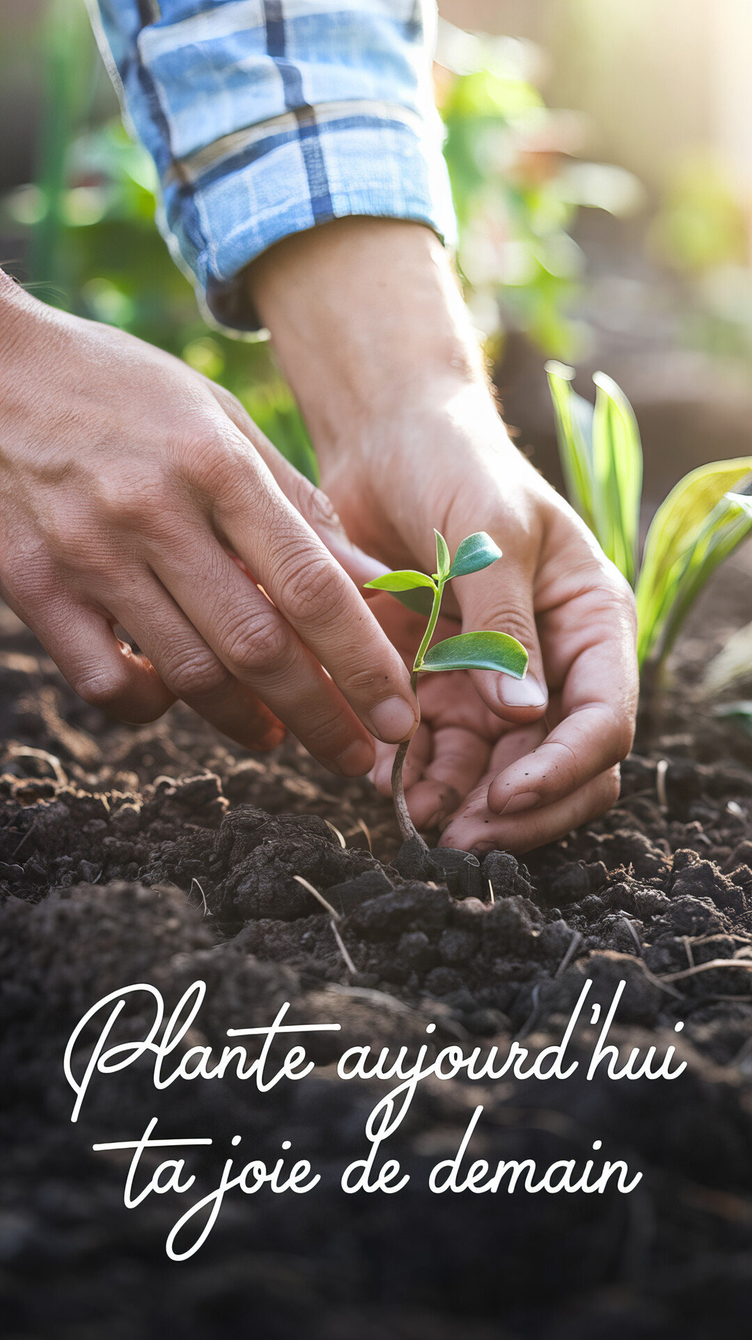 Un gros plan sur des mains en train de planter délicatement une petite pousse verte dans la terre d'un jardin ensoleillé.