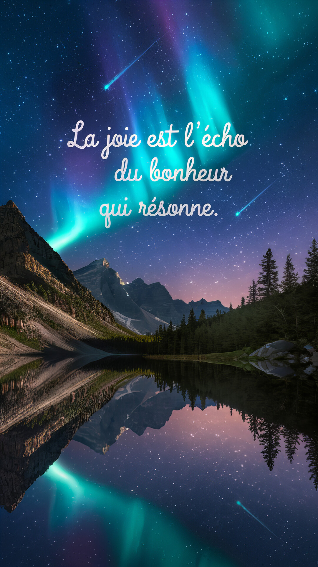 Un paysage nocturne majestueux avec des aurores boréales et des étoiles filantes se reflétant dans un lac, illustrant une citation sur la joie.