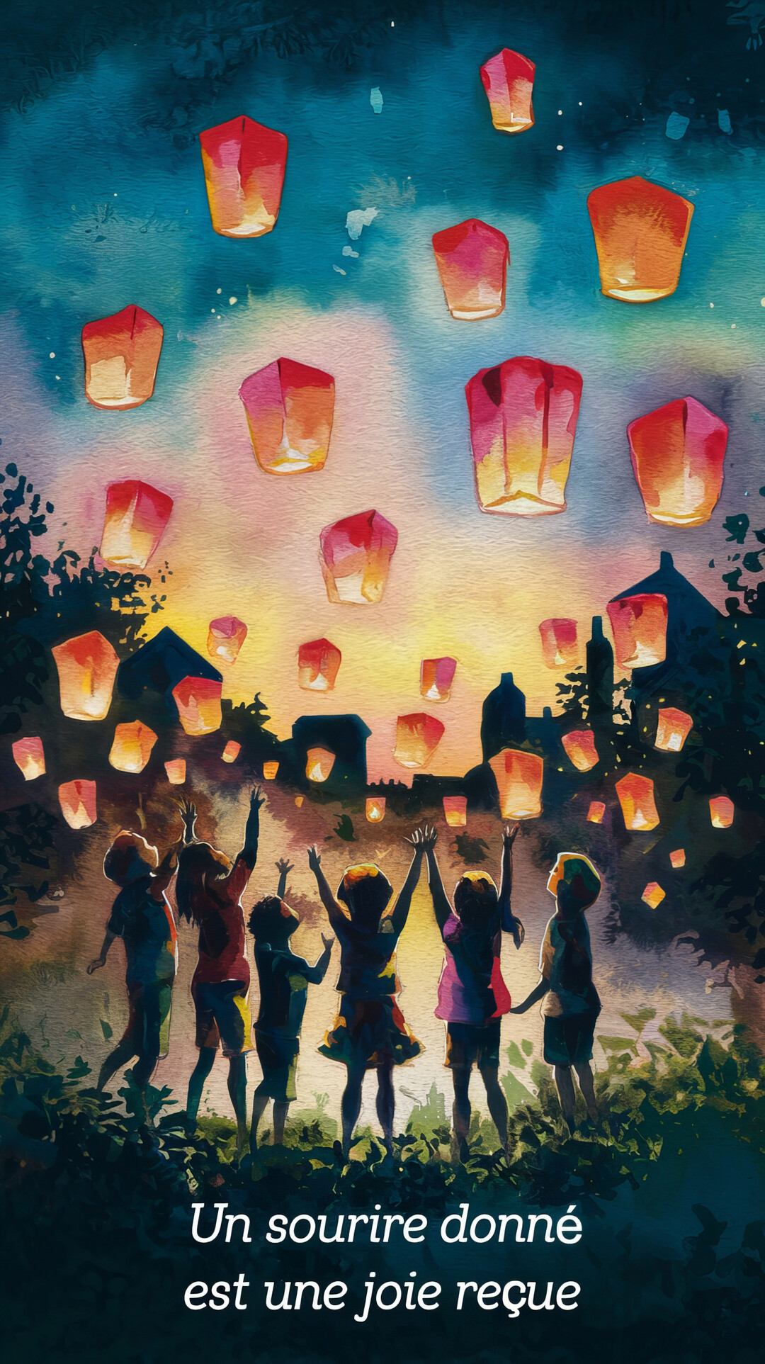 Des silhouettes d'enfants de dos lèvent les bras vers un ciel nocturne rempli de lanternes volantes lumineuses, dans un style aquarelle.