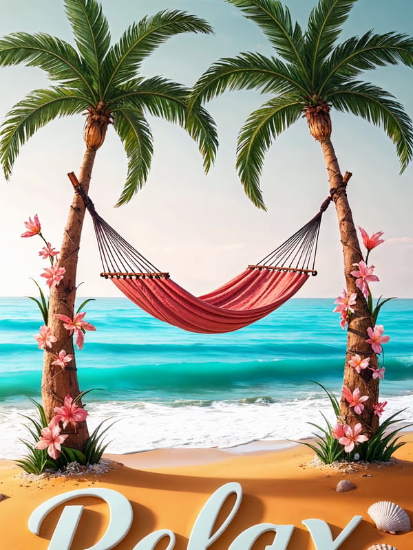Carte de relaxation avec un hamac rose tendu entre deux palmiers sur une plage tropicale, et le mot 'Relax' écrit sur le sable fin.