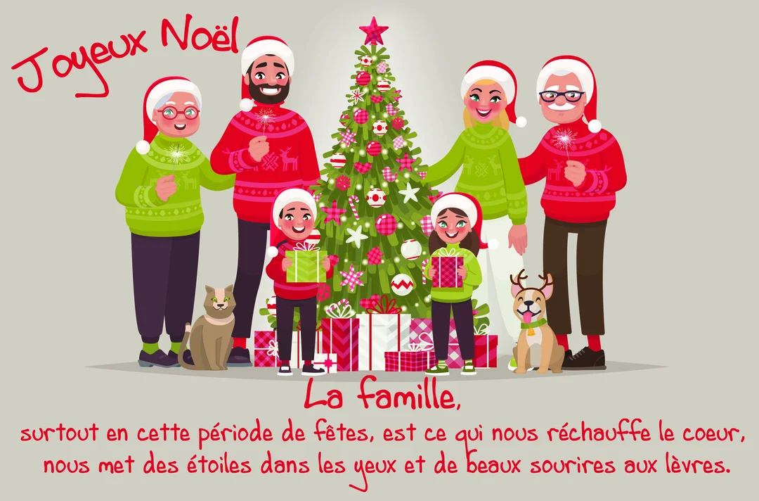 Une famille joyeuse de six personnes, grands-parents, parents et enfants, pose avec un chat et un chien devant un sapin de Noël.