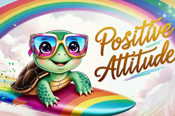 Jolie carte 'Positive Attitude' avec une tortue de dessin animé souriante sur une planche de surf colorée, sous un grand arc-en-ciel.