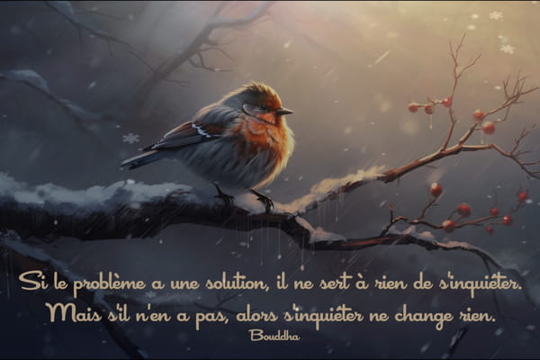 Un rouge-gorge est perché sur une branche enneigée en hiver. Citation de Bouddha sur l'inquiétude et le lâcher-prise.