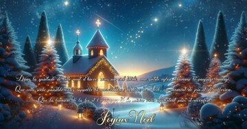 Aperçu de la carte : « Dans la quiétude de cette nuit d'hiver, une petite église illumine le paysage enneigé... »