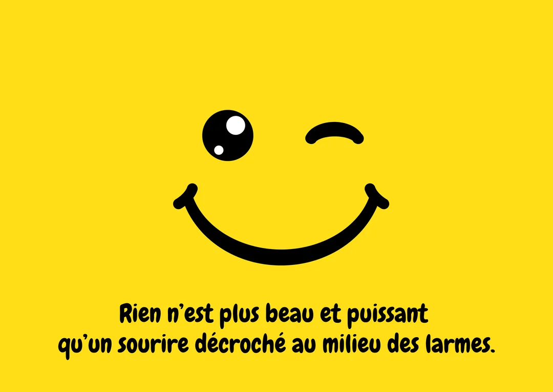 Sur un fond jaune vif, un visage souriant de style emoji fait un clin d'œil, avec une citation inspirante écrite en dessous.