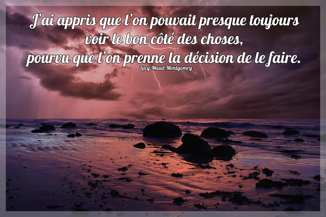 Paysage marin au crépuscule avec un ciel orageux strié d'éclairs, reflété sur la plage humide parsemée de rochers sombres et une citation.