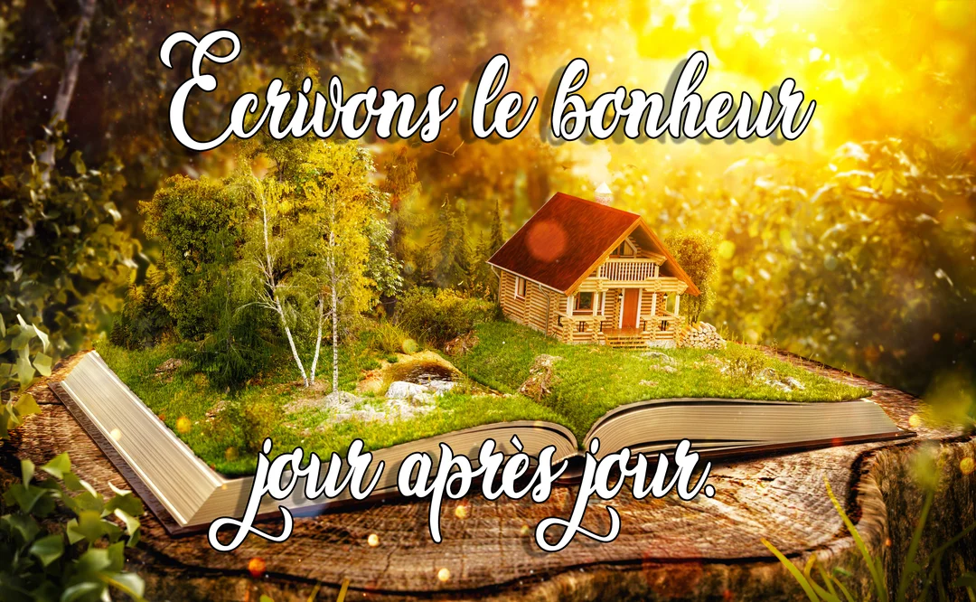 Un livre ouvert sur une souche d'arbre révèle un paysage miniature avec une cabane en bois sous une lumière dorée et onirique.