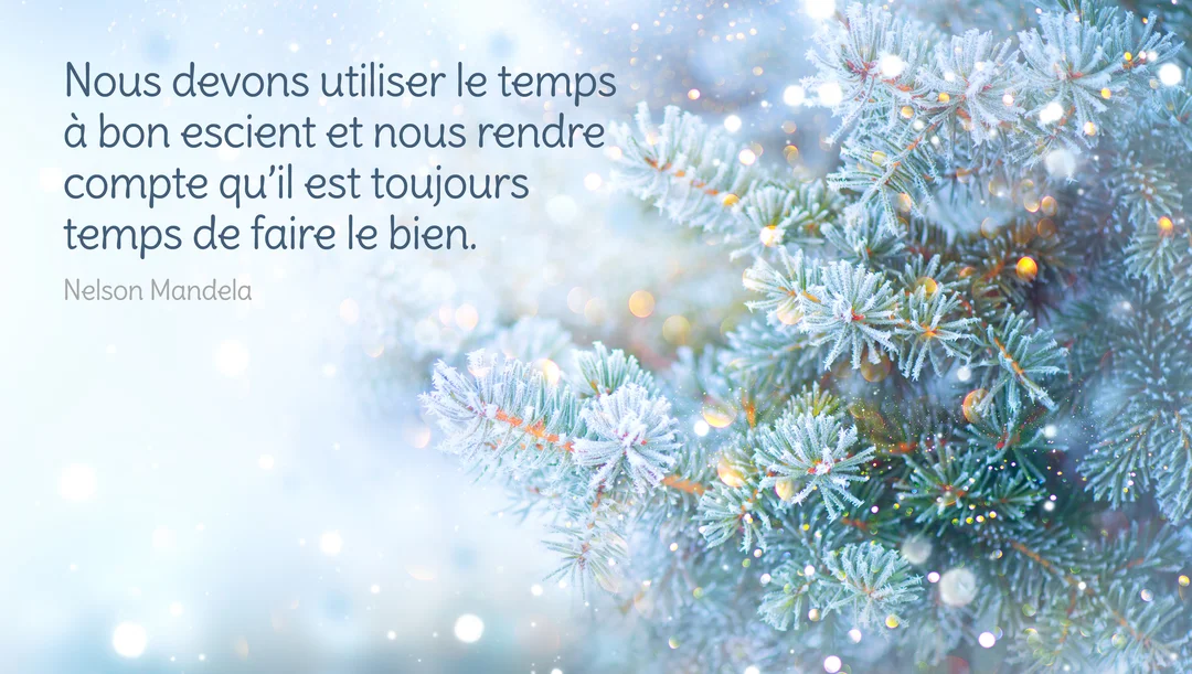 Une citation de Nelson Mandela est écrite sur un fond flou montrant des branches de sapin givrées, illuminées par un bokeh lumineux.