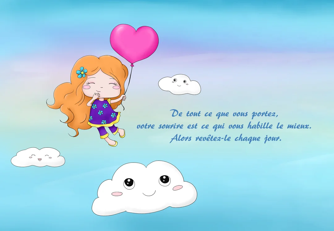 Sur cette carte, une illustration enfantine montre une jeune fille souriante flottant dans un ciel bleu pastel parmi des nuages, tenant un ballon rose en cœur.