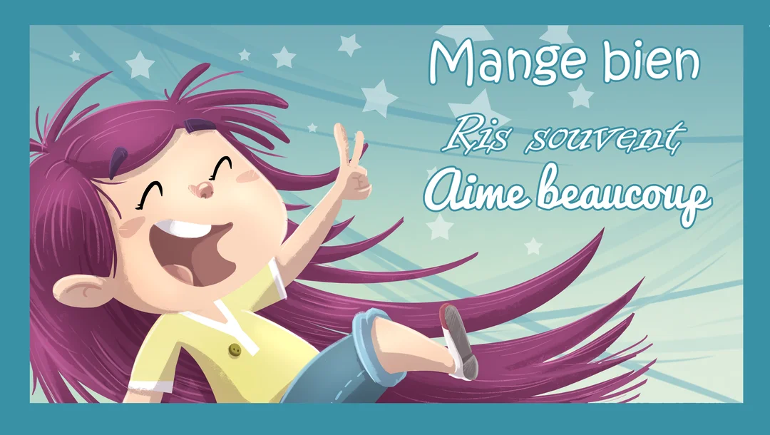 Une jeune fille de dessin animé, rieuse et aux longs cheveux violets, fait le signe V sur un fond bleu étoilé.