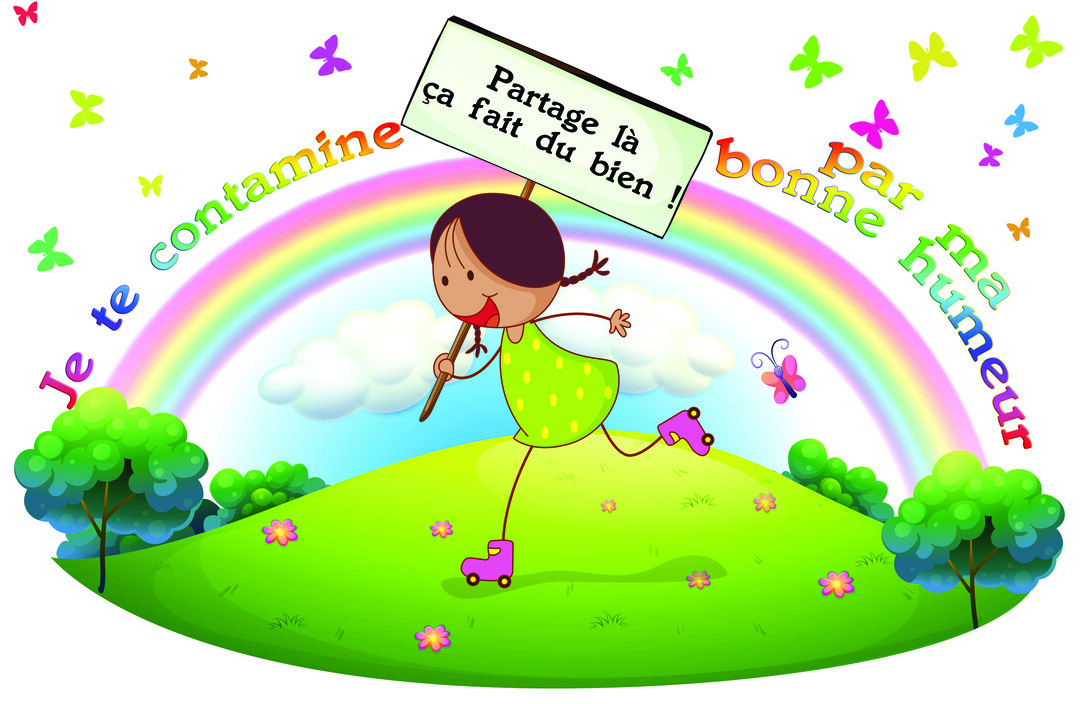 Une illustration d'une jeune fille en rollers patinant sur une colline verdoyante sous un arc-en-ciel, brandissant une pancarte joyeuse.
