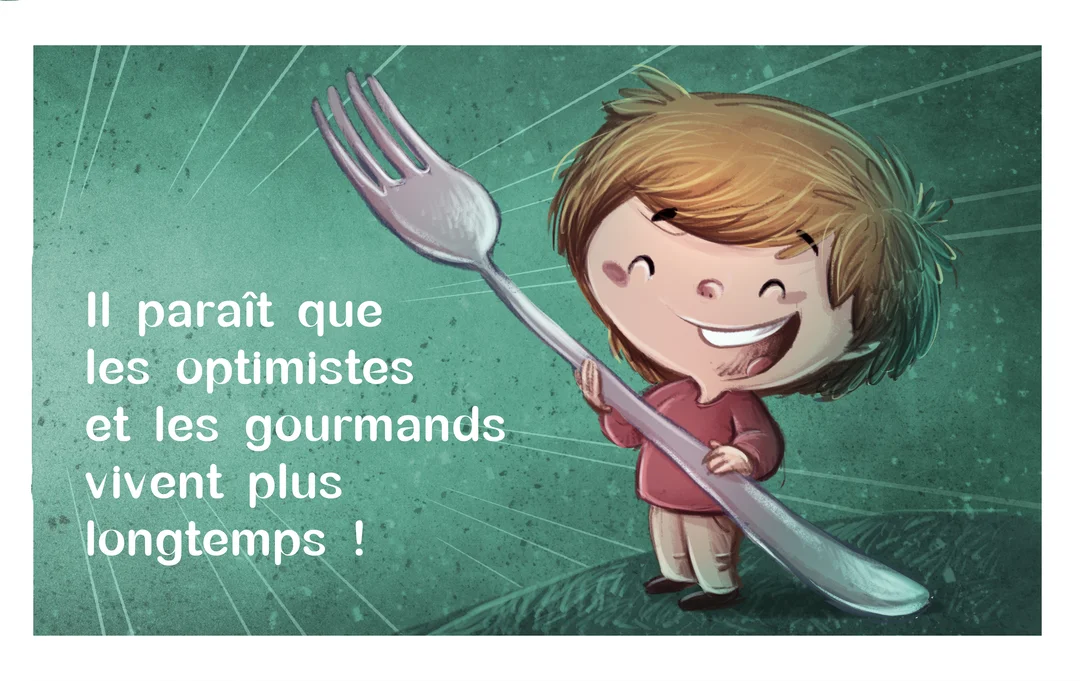 Un garçon de style dessin animé, rayonnant de joie, serre dans ses bras une immense fourchette sur un fond vert texturé.