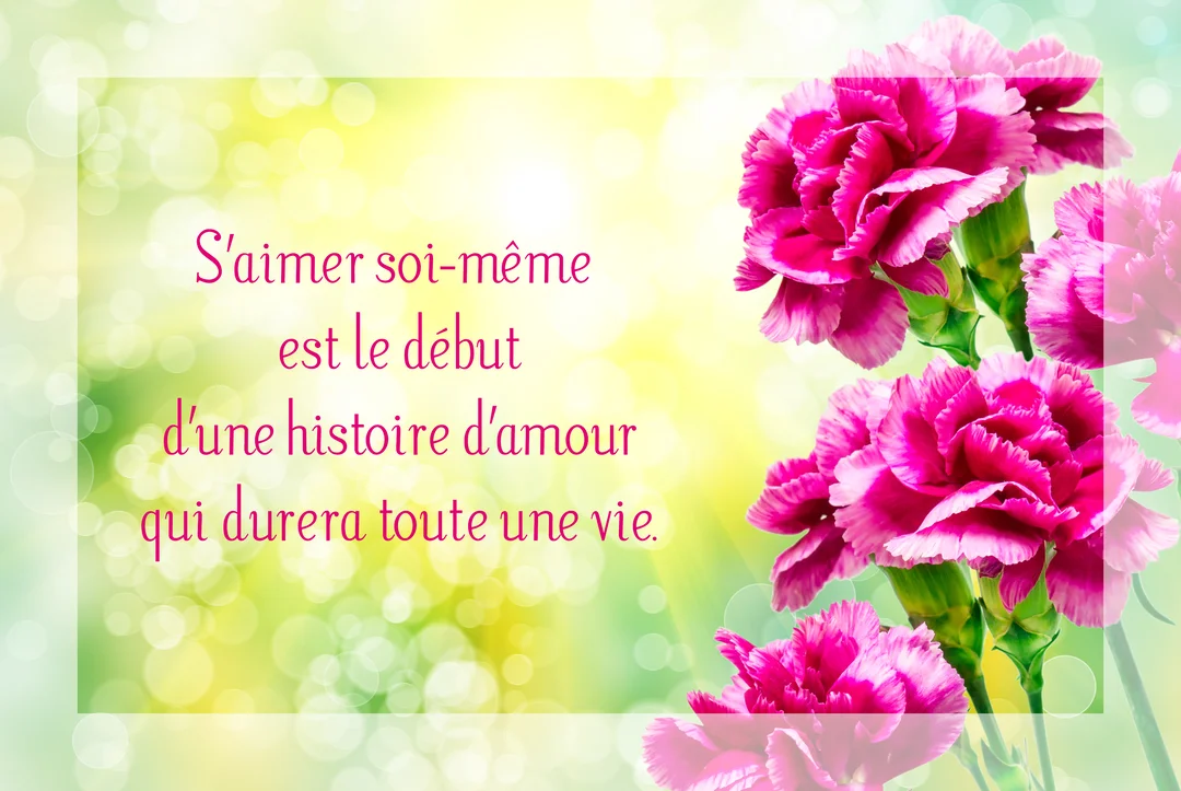 Une composition florale d'œillets roses vifs sur un fond lumineux vert et jaune, avec une citation sur l'amour de soi au centre.
