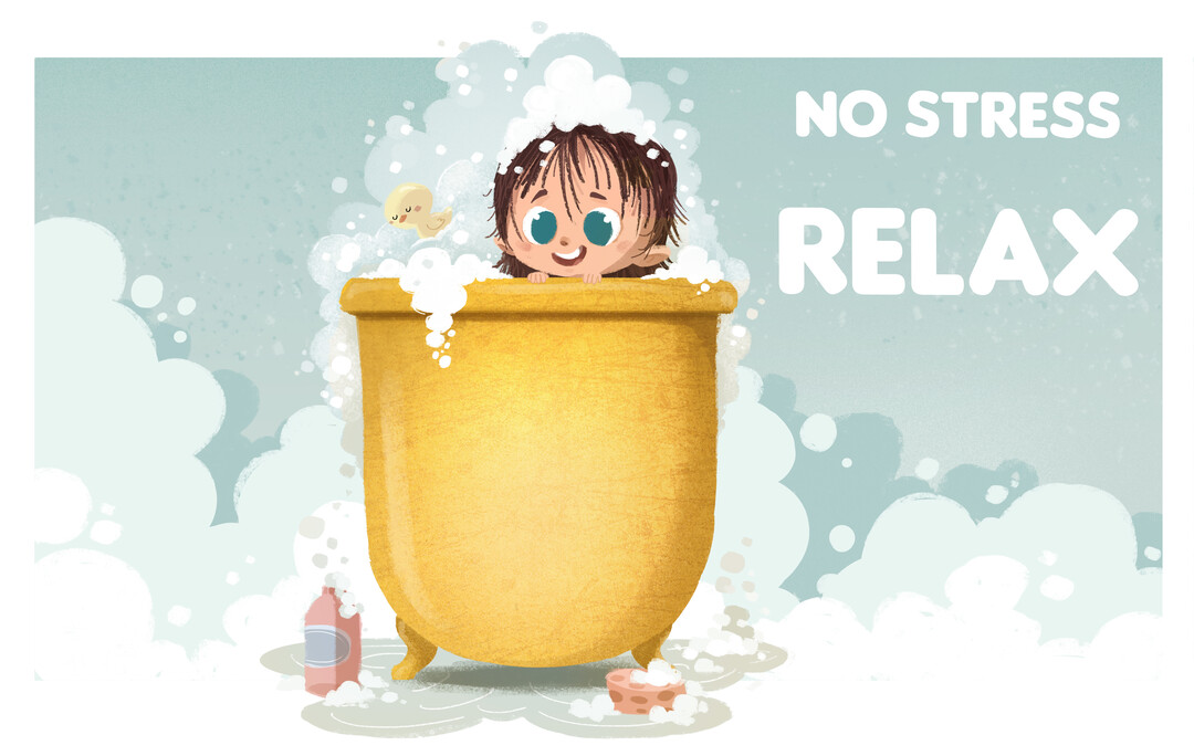 Un enfant aux grands yeux bleus sourit depuis une baignoire jaune débordante de mousse, avec le texte 'No Stress Relax' à côté.