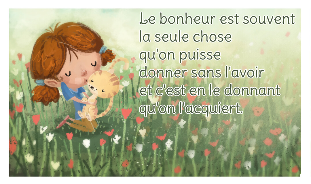 Une illustration douce d'une jeune fille faisant un bisou à un chaton, tous deux assis dans un champ de fleurs colorées.