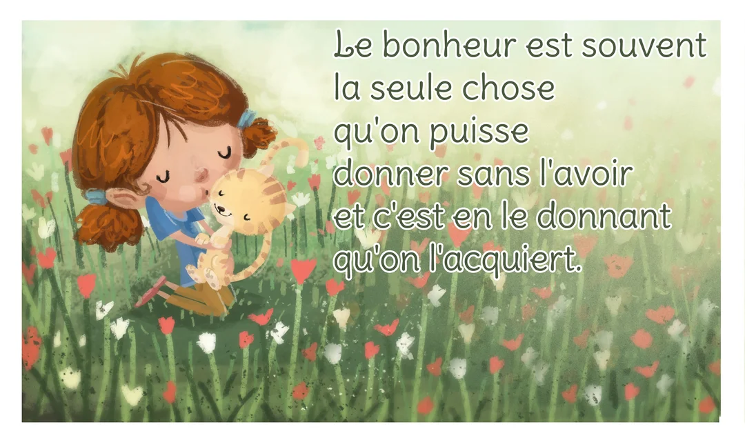 Une illustration douce d'une jeune fille faisant un bisou à un chaton, tous deux assis dans un champ de fleurs colorées.
