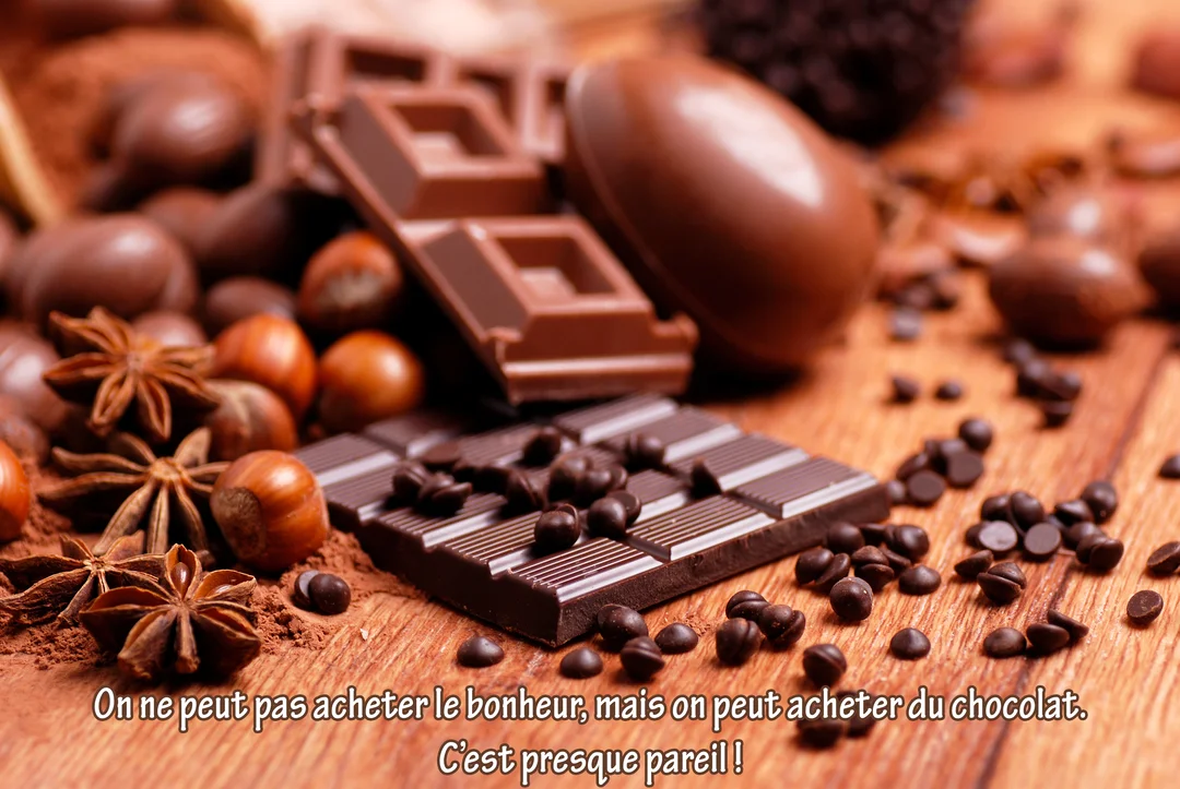 Une composition gourmande de tablettes de chocolat, pépites, noisettes et anis étoilé, disposée sur une surface en bois rustique, avec une lumière chaude.
