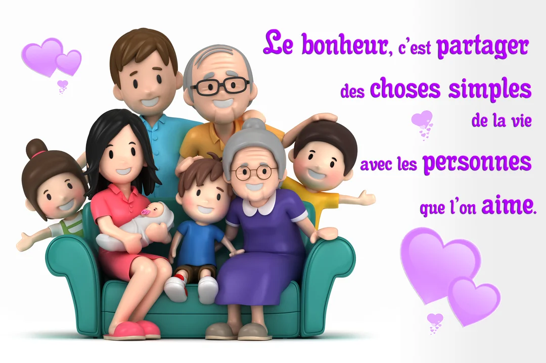 Une famille souriante de trois générations, incluant parents, grands-parents, enfants et un bébé, est assise ensemble sur un canapé vert.