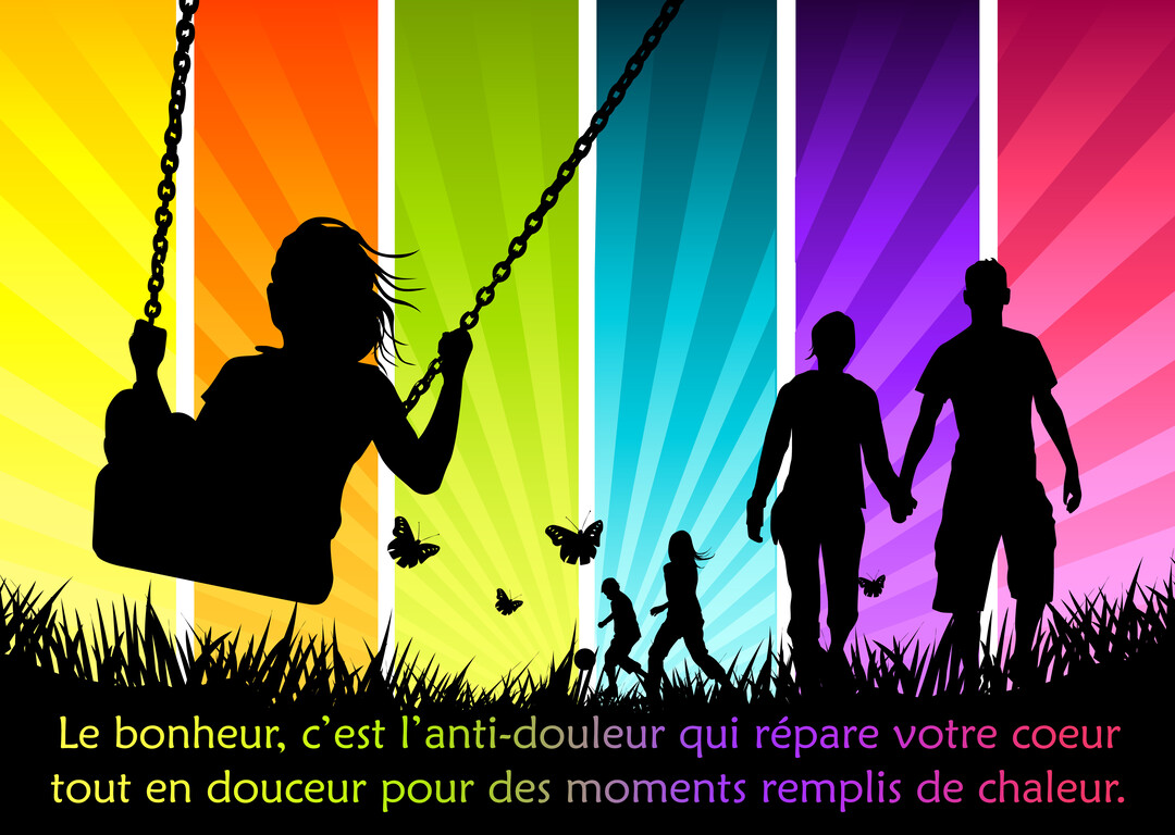 Silhouettes noires d'une famille s'amusant en plein air, avec un fond vibrant composé de bandes verticales colorées et de rayons de soleil.