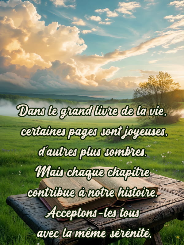 Un livre ouvert sur une table en bois dans une prairie verdoyante, avec une citation sur l'acceptation des chapitres de la vie.