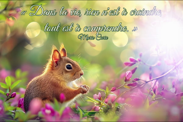 Carte avec une citation de Marie Curie : 'Dans la vie, rien n'est à craindre, tout est à comprendre.' sur un fond d'écureuil mignon dans les fleurs.