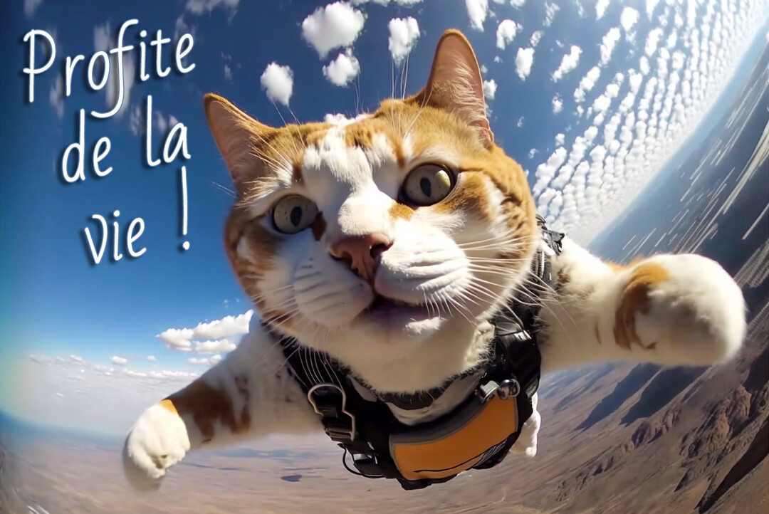 Un chat roux et blanc en gros plan, équipé d'un harnais, semble sauter en parachute sous un ciel bleu avec le texte 'Profite de la vie !'.