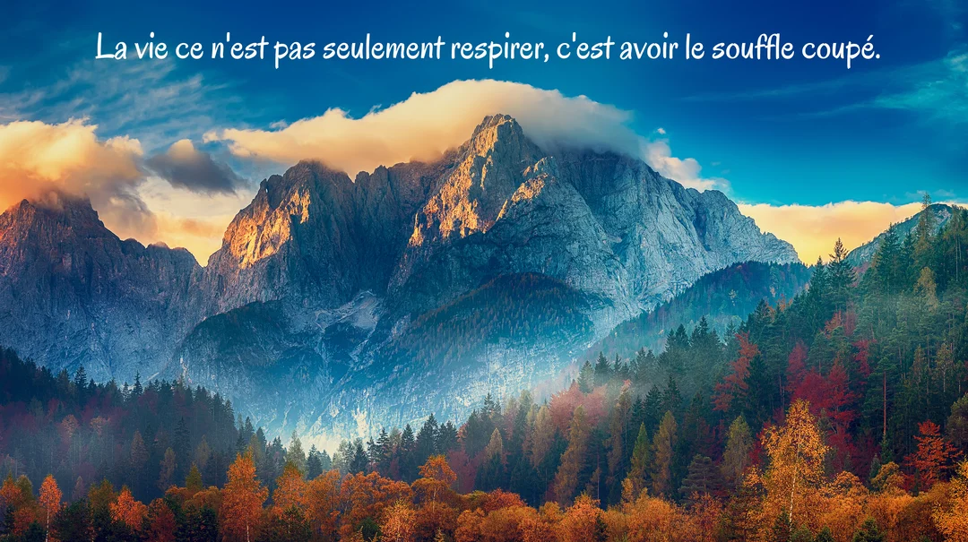 Un paysage spectaculaire de montagnes rocheuses coiffées de nuages, surplombant une forêt aux couleurs automnales sous un ciel bleu et doré.