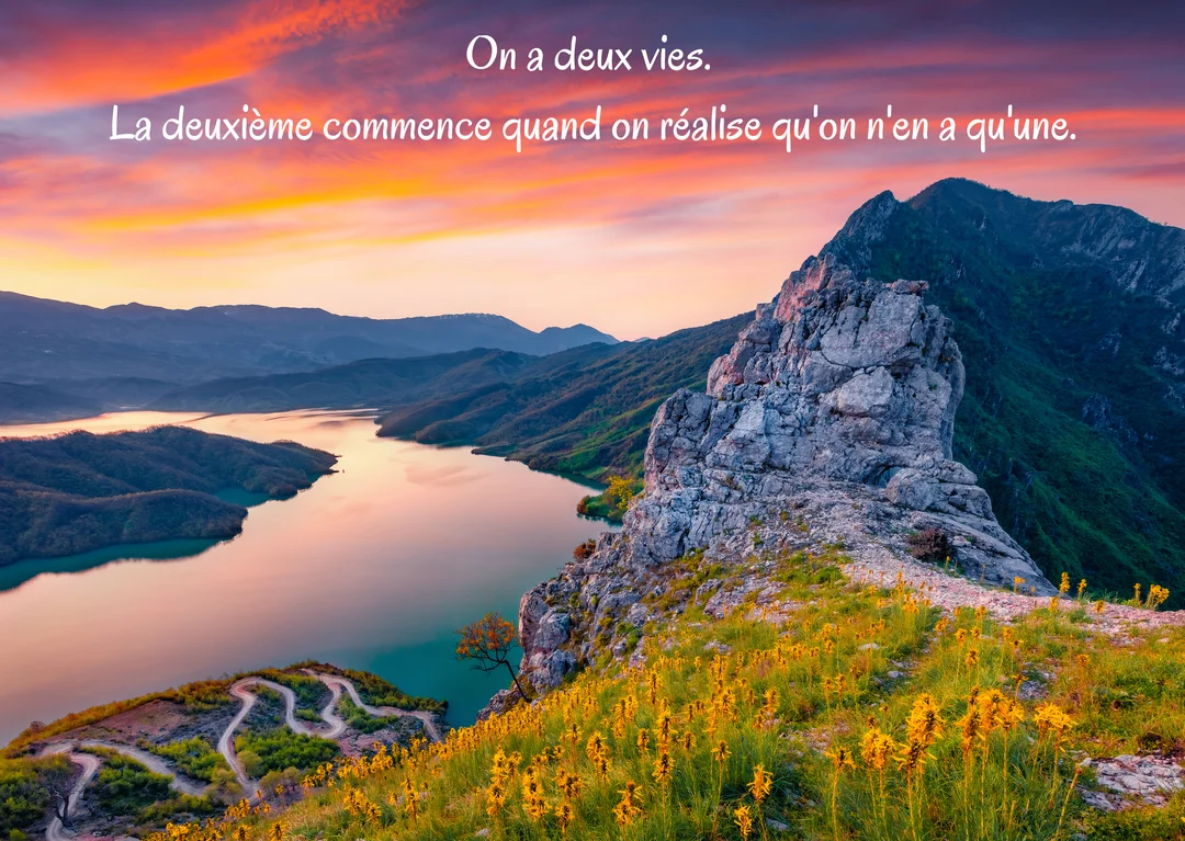 Vue plongeante sur un lac sinueux entre des montagnes verdoyantes, sous un ciel orangé au crépuscule, avec des fleurs jaunes en premier plan.