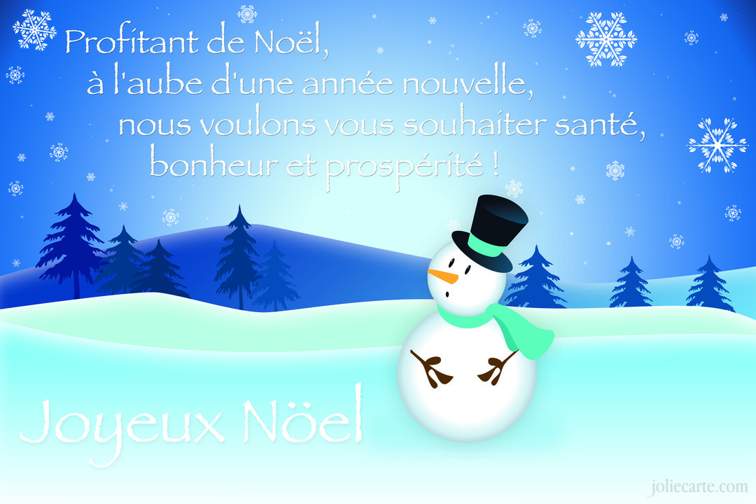 Un bonhomme de neige souriant avec un chapeau haut-de-forme se tient dans un paysage hivernal sous des flocons et un message de vœux.