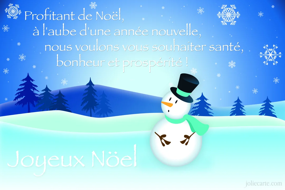 Un bonhomme de neige souriant avec un chapeau haut-de-forme se tient dans un paysage hivernal sous des flocons et un message de vœux.