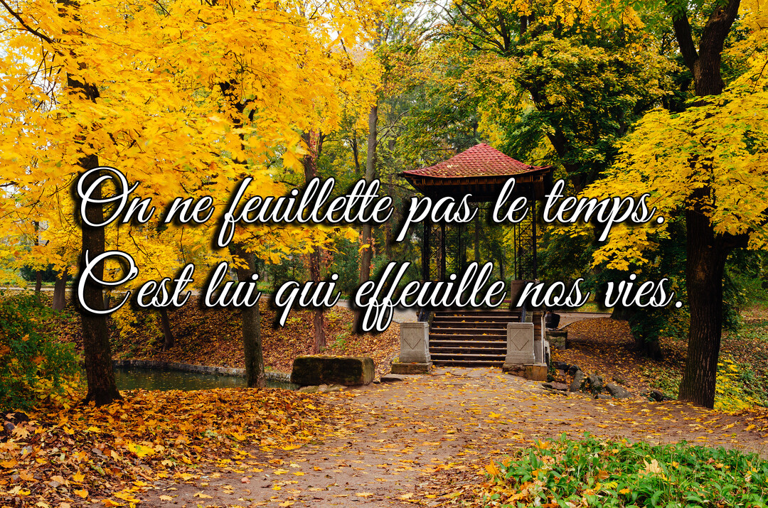 Une allée couverte de feuilles d'automne mène à un kiosque dans un parc luxuriant, sous une citation poétique sur le temps.