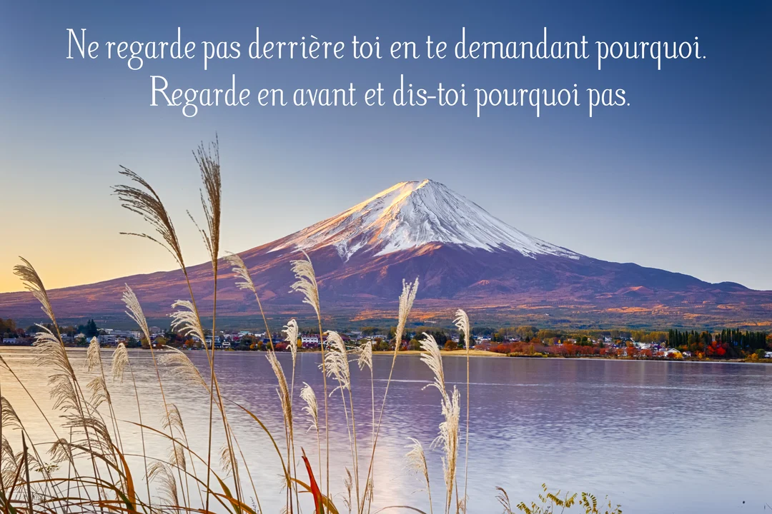 Paysage serein du Mont Fuji enneigé se reflétant dans un lac, avec des roseaux au premier plan sous un ciel clair au crépuscule.