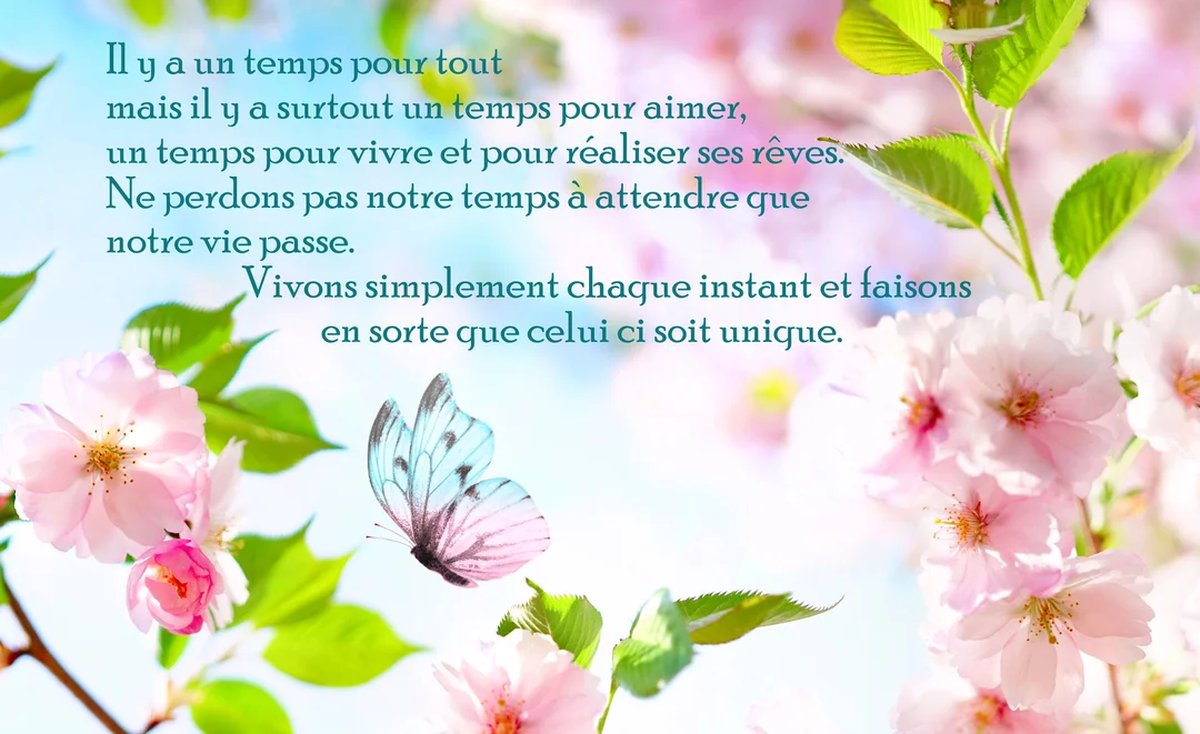 Un papillon aux ailes bleues et roses vole parmi des fleurs de cerisier en pleine floraison, avec un texte poétique superposé.
