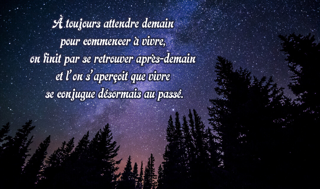 Une citation poétique sur le temps s'affiche sur un paysage nocturne montrant une forêt de sapins sous un ciel étoilé et scintillant.