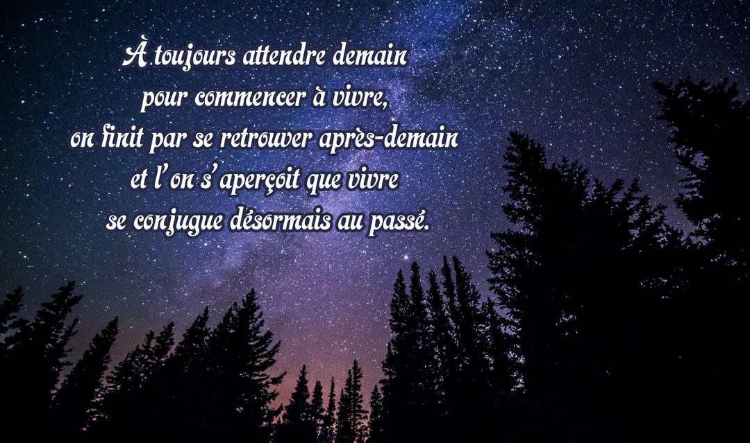 Une citation poétique sur le temps s'affiche sur un paysage nocturne montrant une forêt de sapins sous un ciel étoilé et scintillant.