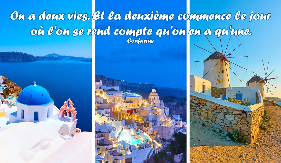 Un triptyque photographique de paysages grecs idylliques de jour comme de nuit, illustrant une citation philosophique sur la vie par Confucius.