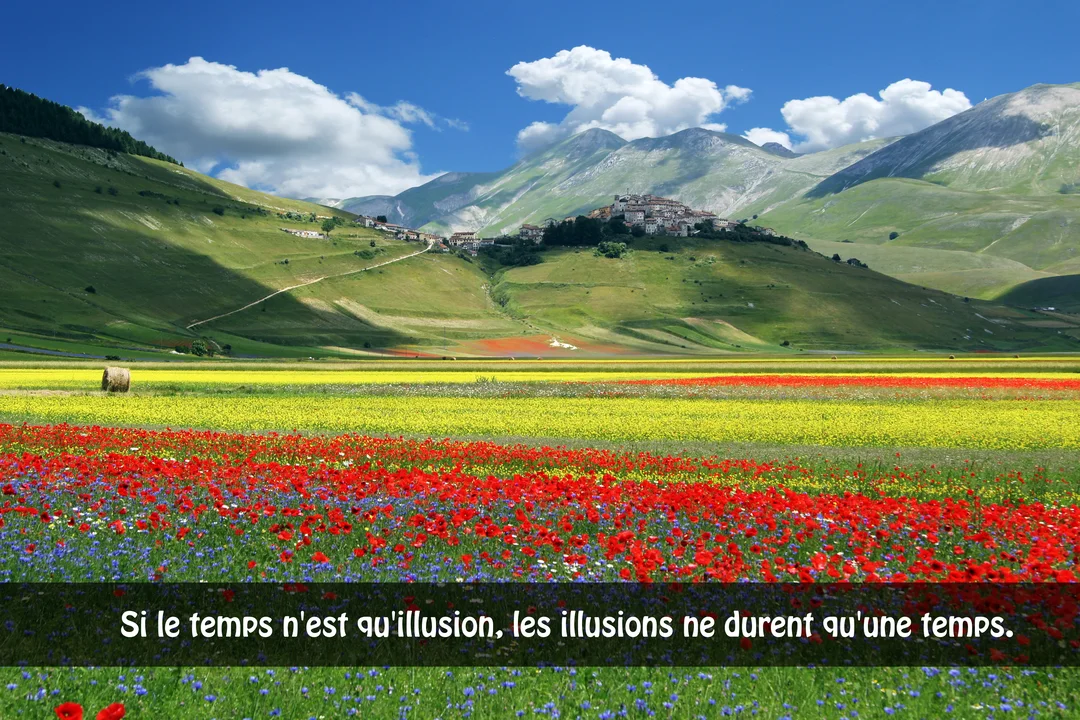 Un paysage de montagne avec un village à flanc de colline, surplombant des champs de coquelicots rouges et de fleurs jaunes sous un ciel d'été.