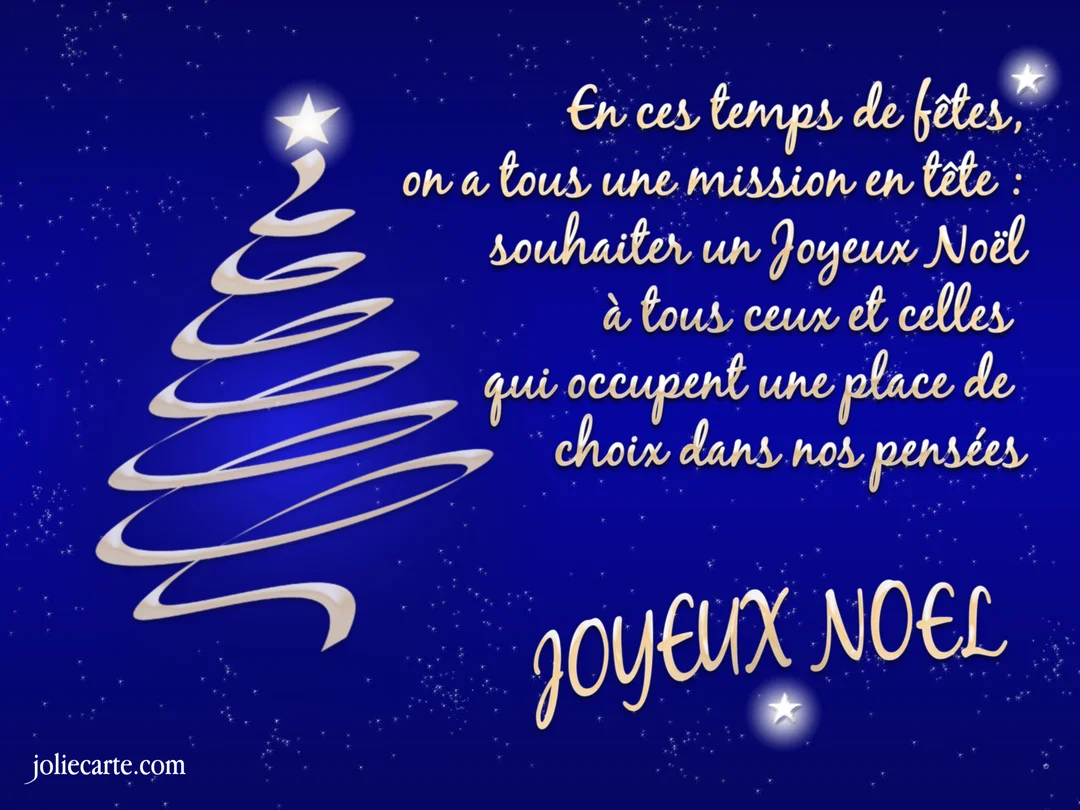 Sur un fond bleu nuit parsemé d'étoiles, un sapin de Noël blanc est dessiné par un tourbillon, accompagné d'un poème de vœux.
