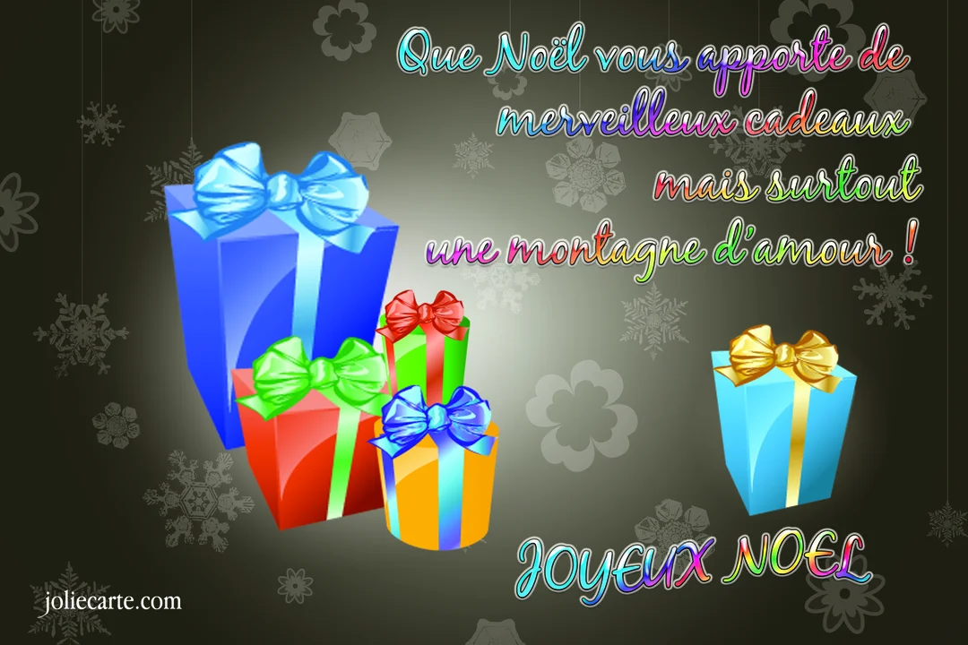 Carte de Noël sur fond sombre avec des flocons, montrant des paquets cadeaux multicolores et un texte lumineux souhaitant beaucoup d'amour.