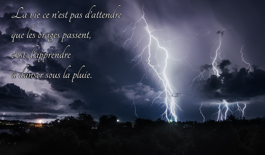 Un ciel de nuit très sombre est illuminé par de puissants éclairs blancs qui zèbrent les nuages au-dessus d'une ligne d'arbres.