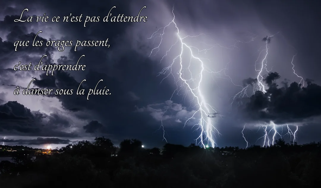 Un ciel de nuit très sombre est illuminé par de puissants éclairs blancs qui zèbrent les nuages au-dessus d'une ligne d'arbres.