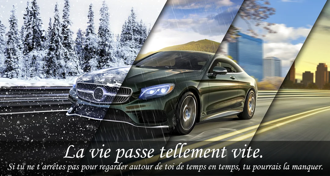 Un photomontage d'une voiture verte traversant des paysages changeants (neige, pluie, ville) pour symboliser le temps qui passe à grande vitesse.