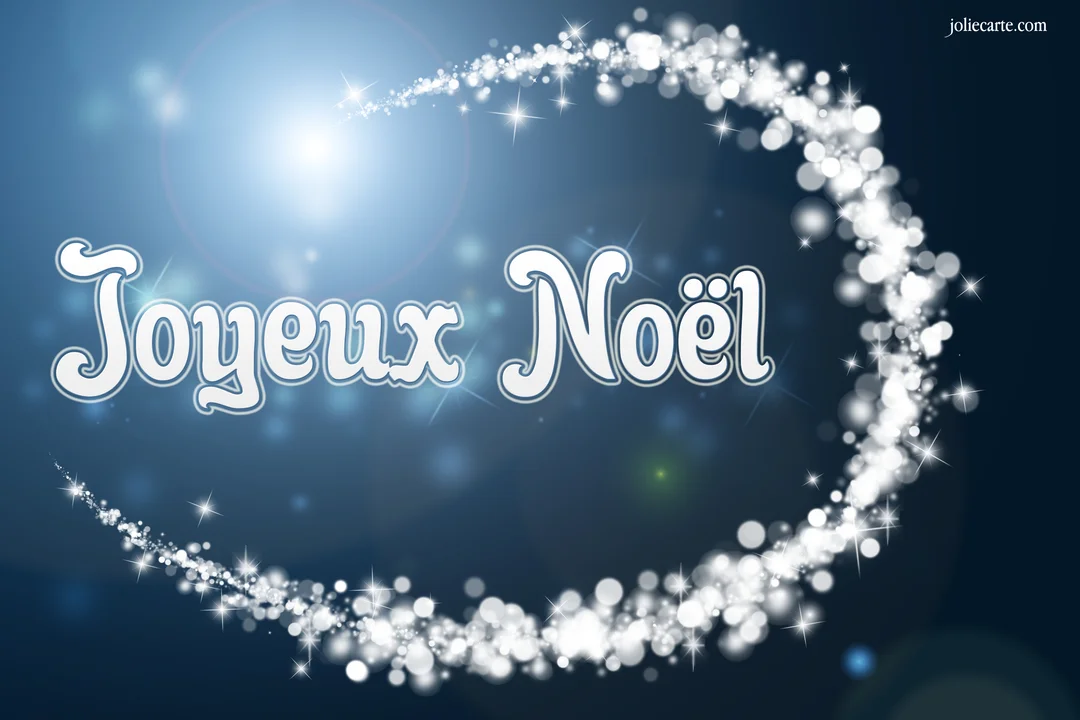 Sur un fond bleu profond, le texte 'Joyeux Noël' est encerclé par une traînée scintillante de lumières blanches et d'étoiles étincelantes.