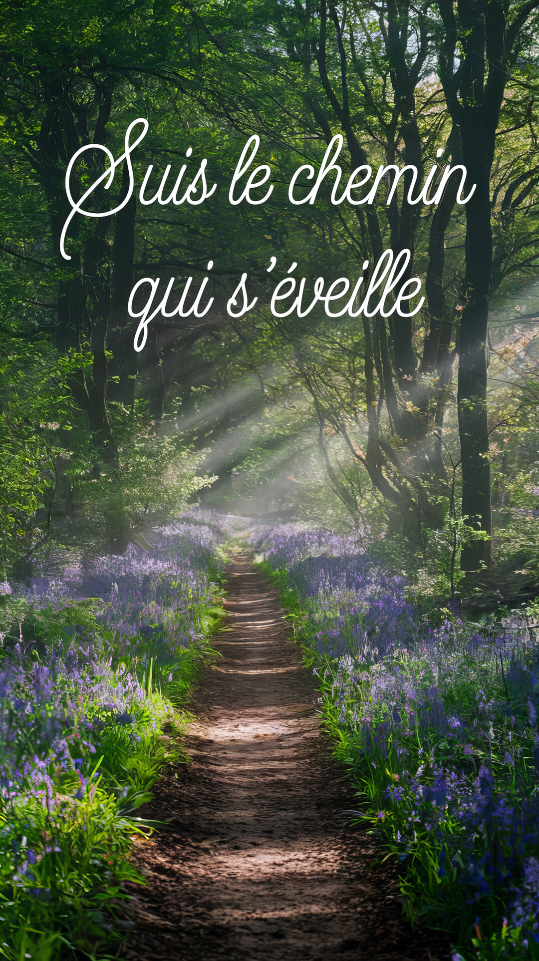 Un sentier de terre serpente à travers une forêt verdoyante, bordé de fleurs violettes, tandis que des rayons de soleil percent le feuillage.