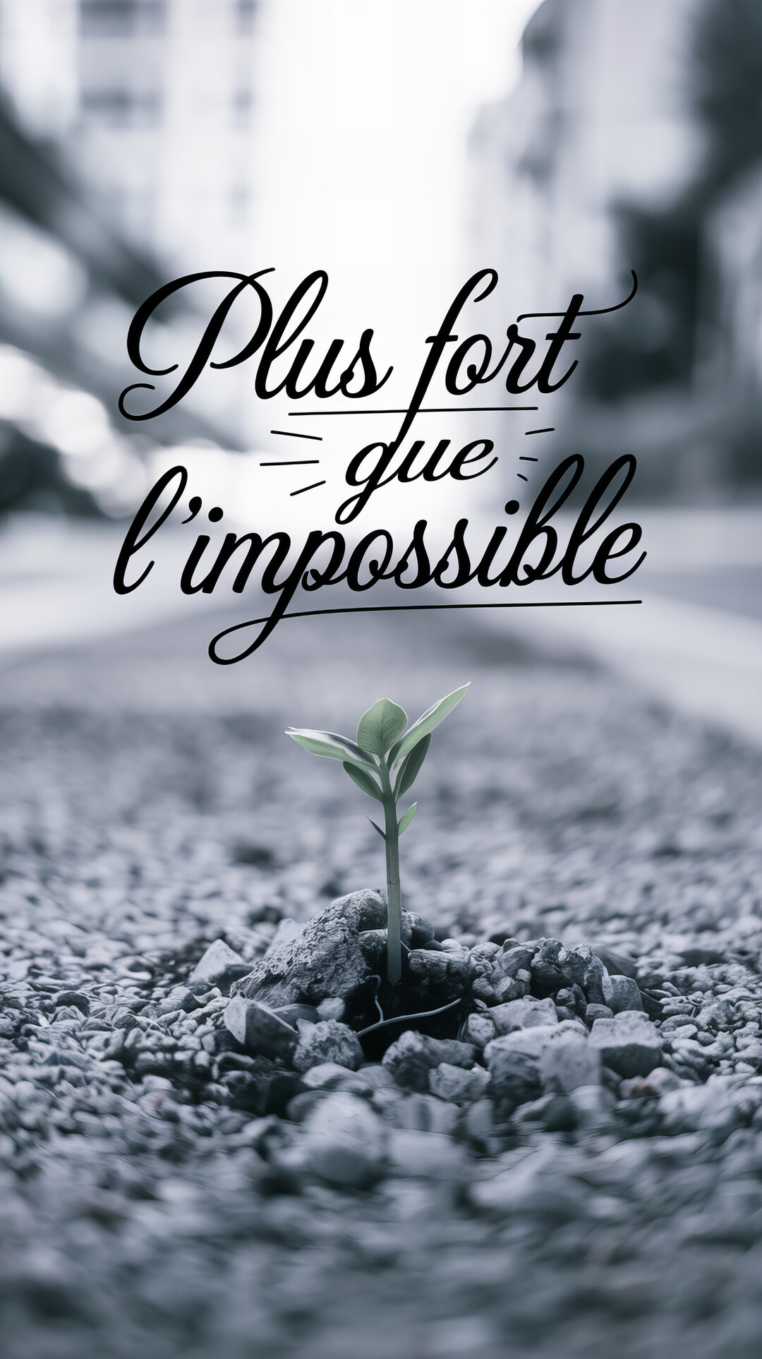 Une petite pousse verte émerge vigoureusement d'un sol de gravier gris, avec une citation inspirante superposée sur un fond urbain flou.