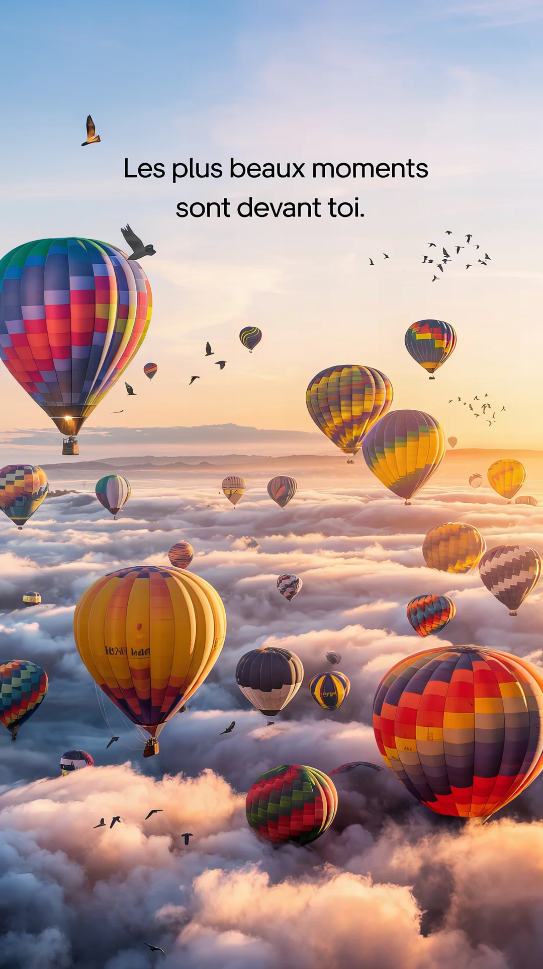 De nombreuses montgolfières multicolores s'élèvent au-dessus d'une mer de nuages, sous un ciel de lever de soleil avec des oiseaux en vol.