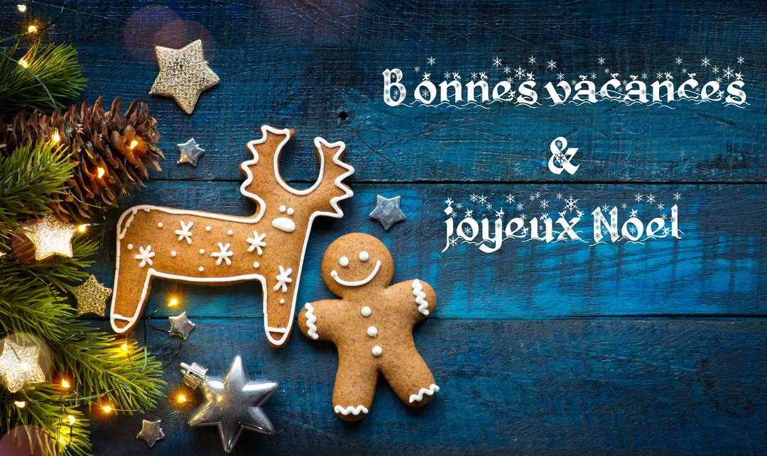 Une scène festive de Noël avec un renne et un bonhomme en pain d'épices, des branches de sapin illuminées et des étoiles dorées.