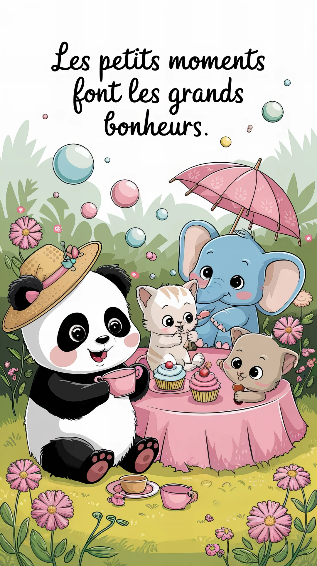 Un panda, un éléphant et deux chatons partagent des cupcakes et du thé dans un jardin fleuri, sous le texte 'Les petits moments font les grands bonheurs'.