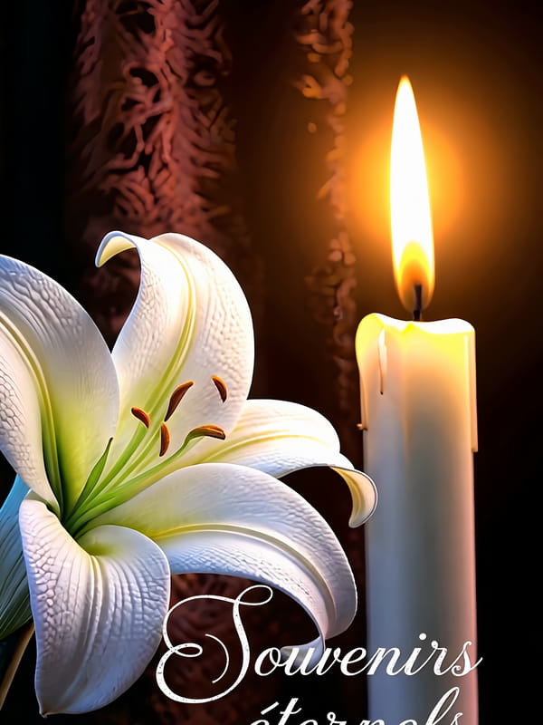 Une fleur de lys blanc à côté d'une bougie allumée, avec le texte 'Souvenirs éternels' pour une carte de condoléances.